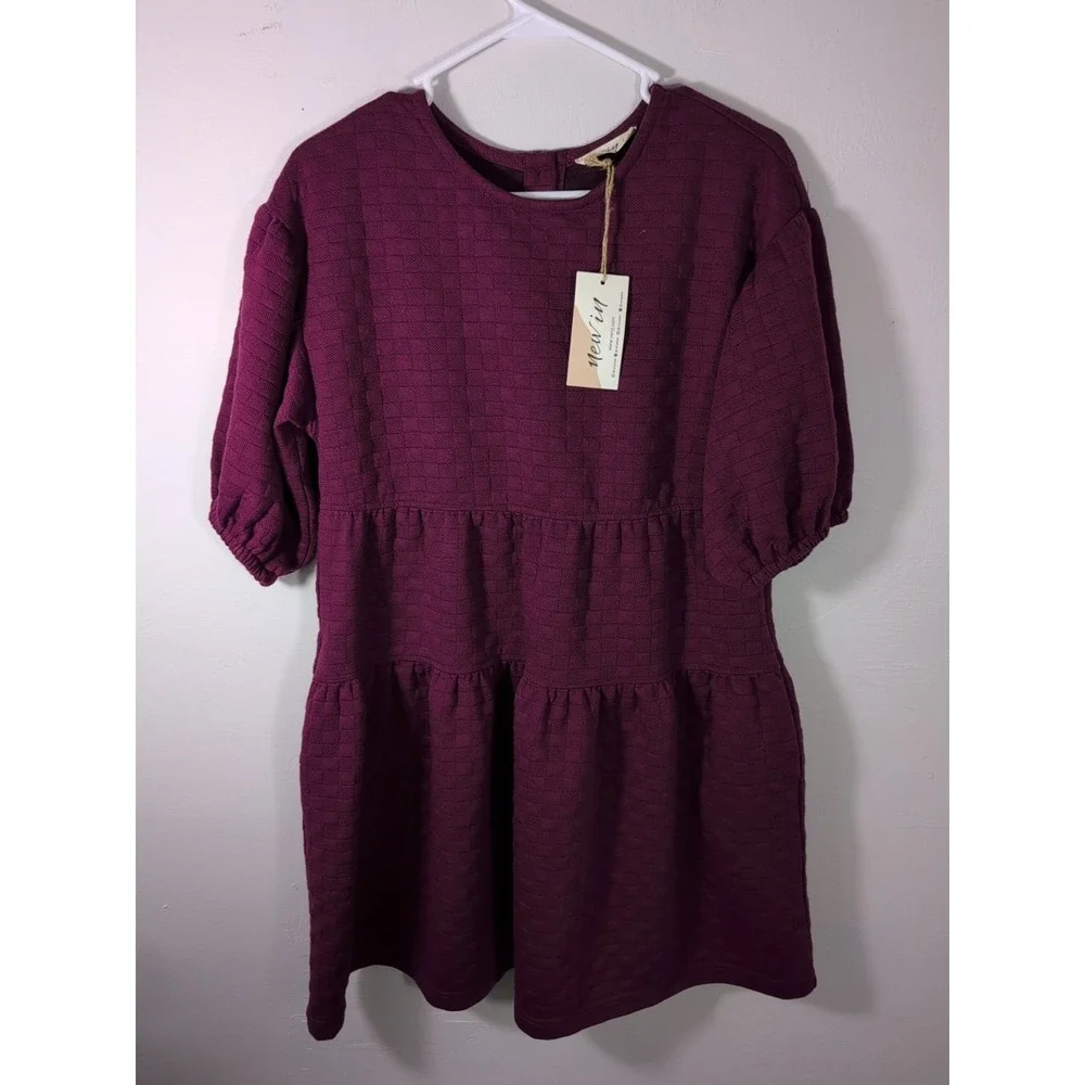 New In  Quilted Balloon Sleeve Dress‎ Purple Small New